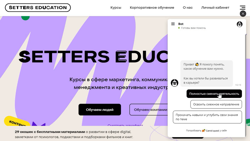 Чат-бот на сайте SETTERS EDUCATION