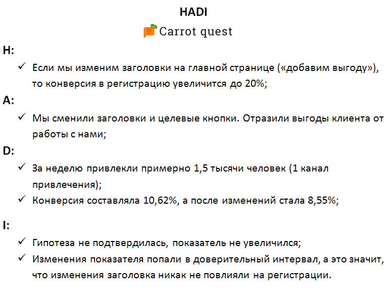 Пример работы с гипотезами от Carrot Quest
