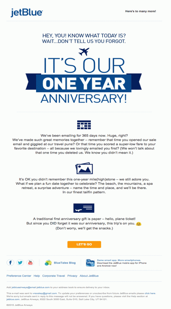 пример email рассылки - Триггерное письмо от jetBlue