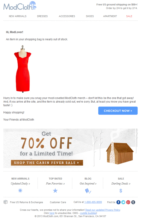 Создание чувства срочности в письме от ModCloth