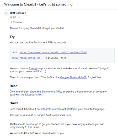 clearbit приветственные письма разработчикам