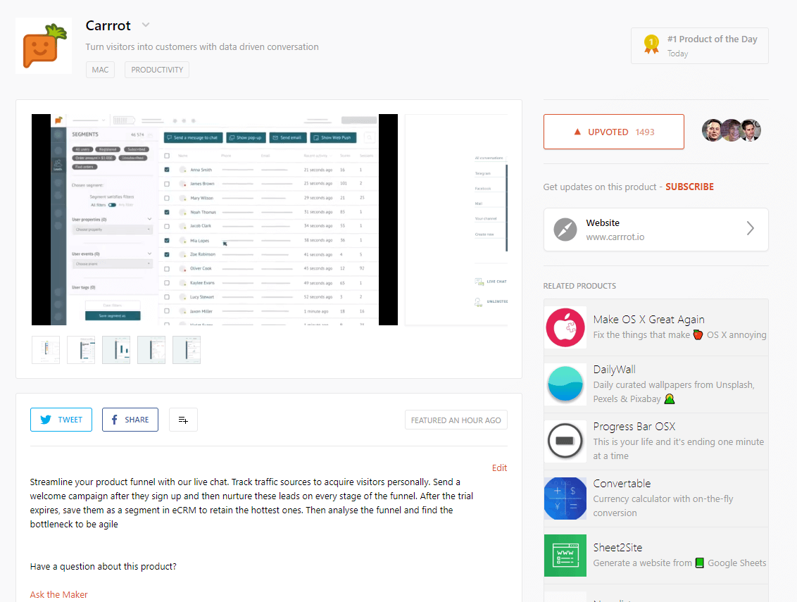 Превью страницы продукта на Product Hunt