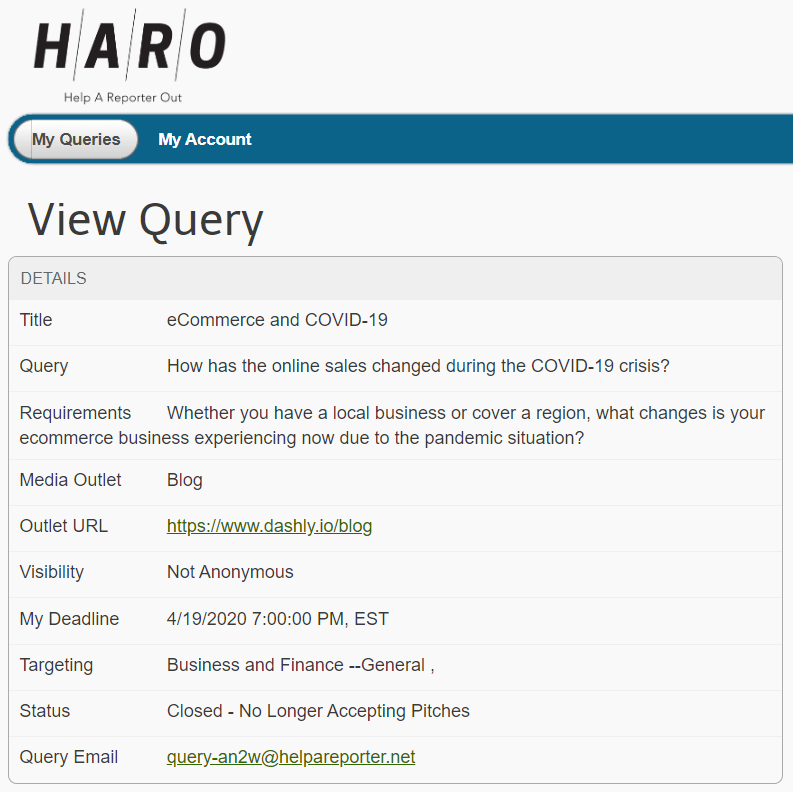 запрос на HARO