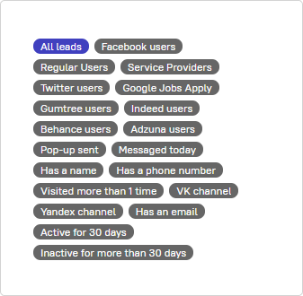 Facebook users, Regular users. Service Providers, Twitter Users, Google Jobs Apply, Pop-up sent, Messaged today, Active for 30 days