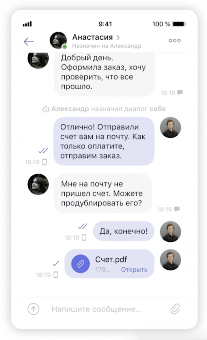 Пример отправки документа в чате с пользователем