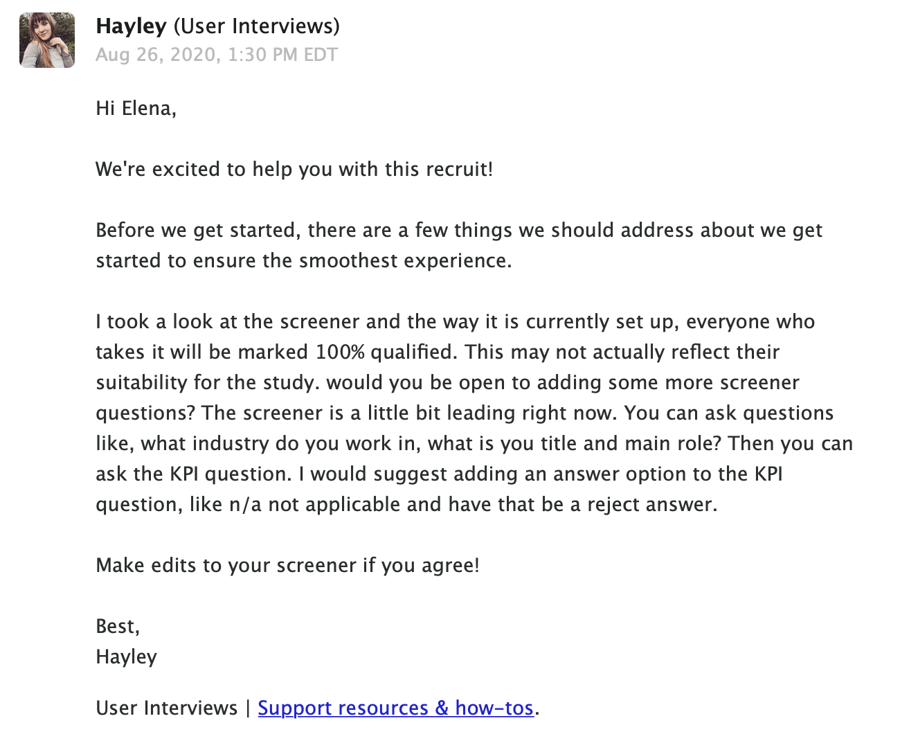 письмо службы поддержки User Interviews