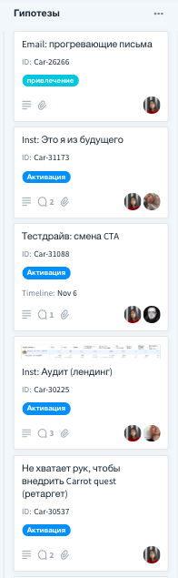 Так на доске в Favro выглядит список гипотез, которые команда планирует запустить за спринт