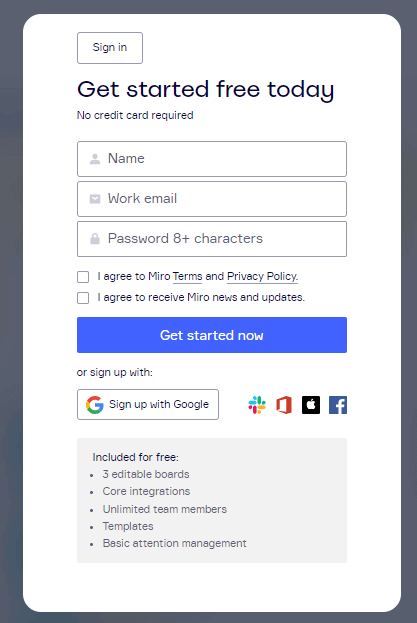 В Miro можно легко зарегистрироваться через аккаунты Google, Slack, Microsoft, Apple и Facebook