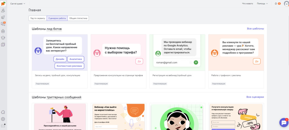 панель администратора Carrot quest