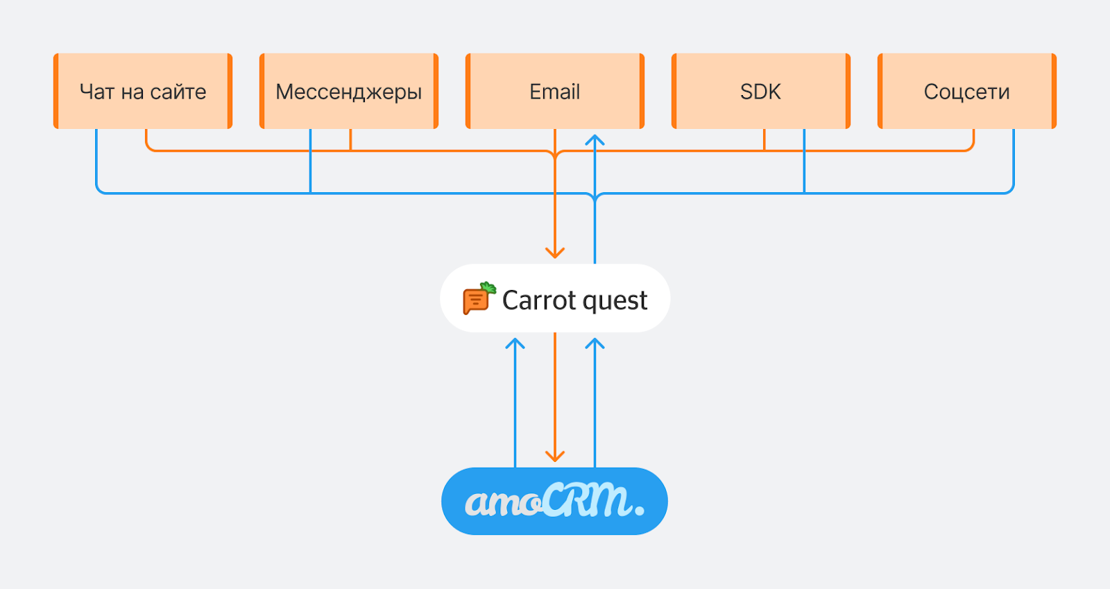 Теперь все диалоги из чата на сайте, мессенджеров, email, соцсетей и приложения, которые собираются в Carrot quest, автоматически передаются в amoCRM