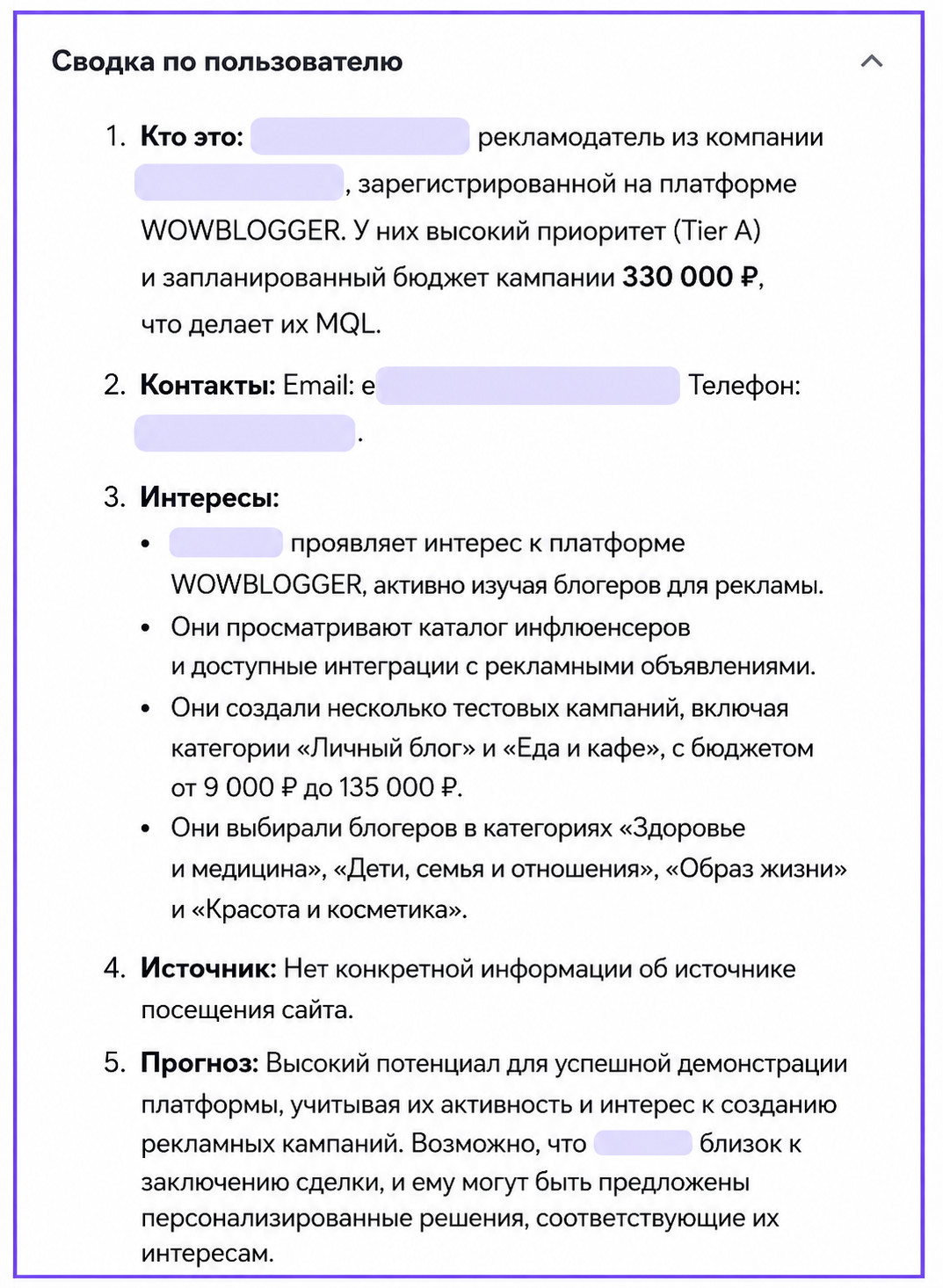 Пример описания в карточке лида