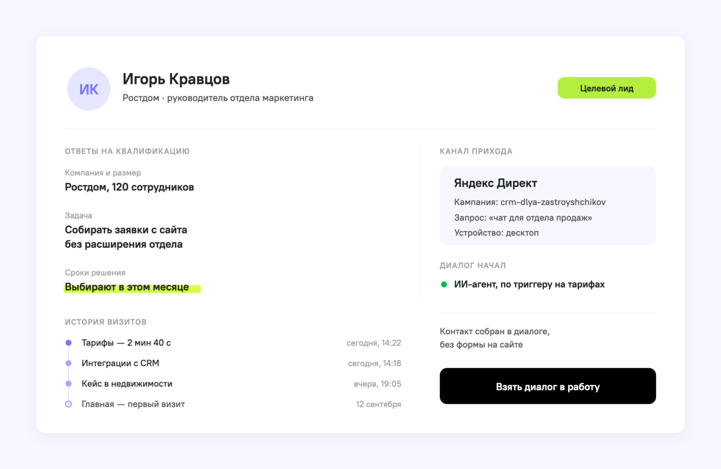 Карточка лида в интерфейсе менеджера: ответы на вопросы квалификации, история визитов по страницам сайта и канал прихода из рекламы