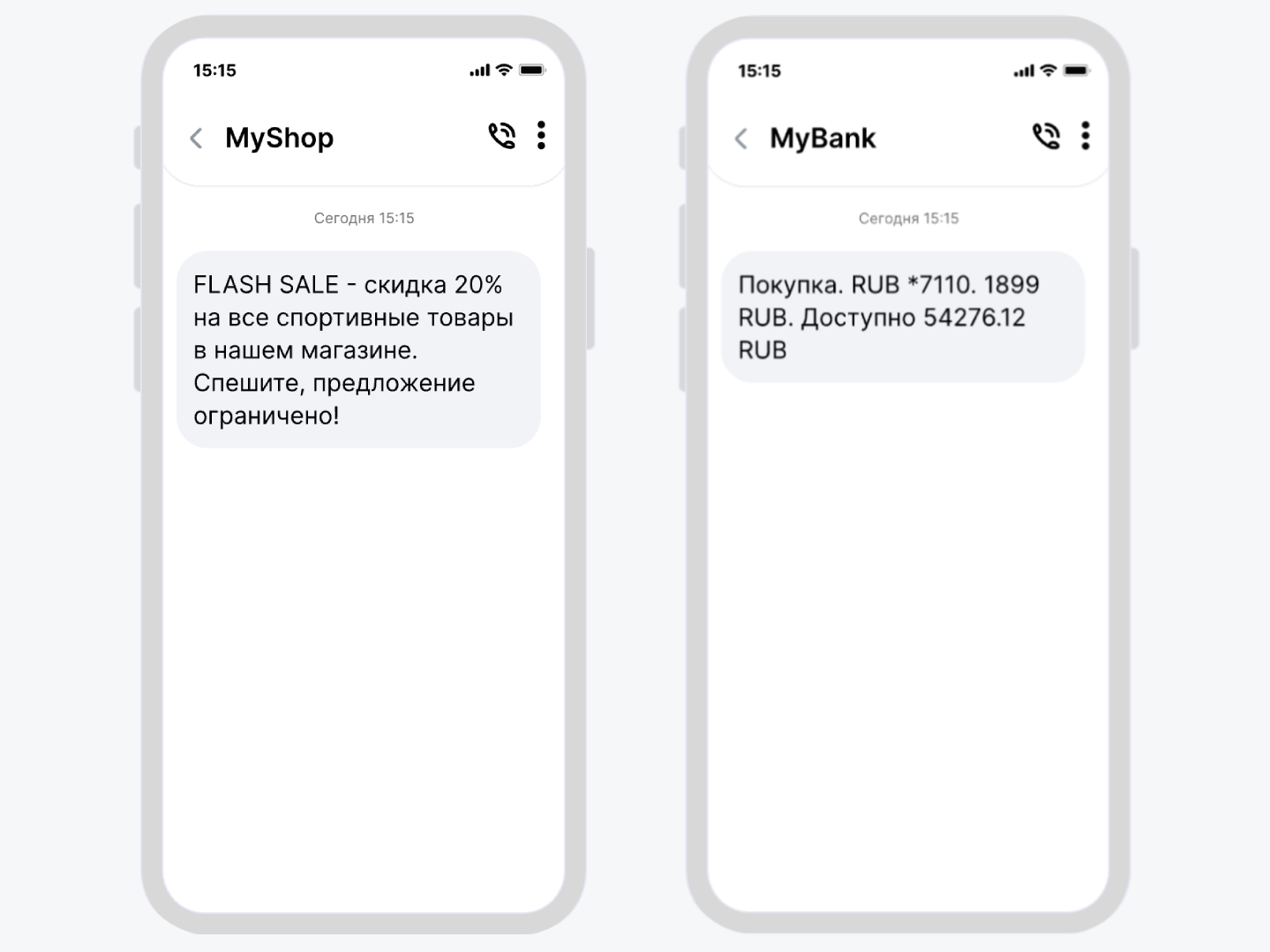 Два примера SMS на экране смартфона: рекламное сообщение от MyShop о скидке 20% и сервисное уведомление MyBank о покупке по карте