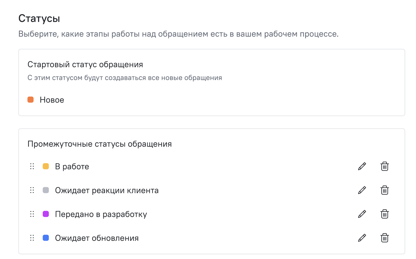 Настройка статусов обращения: стартовый статус «Новое» и промежуточные статусы под свой процесс